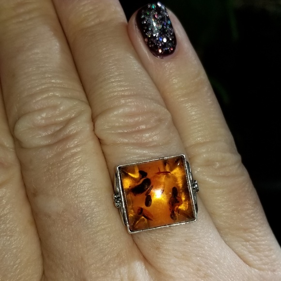Amber and Sterling Ring - Picture 1 of 3